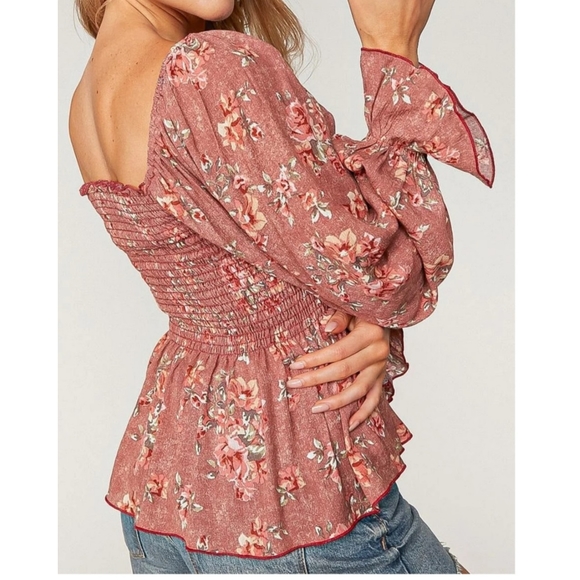 Mauve floral boho smocked off the shoulder lantern sleeve peplum babydoll top - Picture 6 of 6